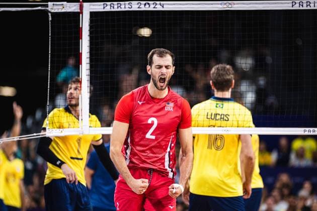 Brazil x USA men&amp; 39;s indoor volleyball PARIS, IF - 05.08.2024: BRAZIL X USA MEN& 39;S INDOOR VOLLEYBALL - Volleyball - Paris 2024 Olympics - Brazil (Photo: Luca Castro Fotoarena) x2588245x  LucaxCastro