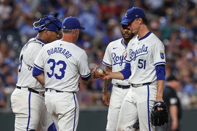 August 5, 2024: Kansas City Royals manager Matt Quatraro (33) takes the ball from Kansas City Royals starting pitcher Brady Singer (51) while Kansas City Royals catcher Salvador Perez (13) and Kansas City Royals third baseman Maikel Garcia (11) look on during the sixth inning against the Boston Red Sox at Kauffman Stadium in Kansas City, MO. CSM Kansas City United States of America - ZUMAc04_ 20240805_zma_c04_293 Copyright: xDavidxSmithx