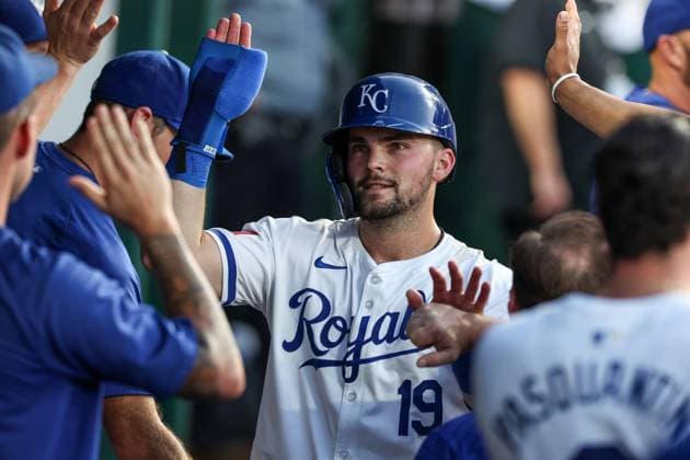 August 5, 2024: Kansas City Royals second baseman Michael Massey (19) celebrates scoring a run with teammates against the Boston Red Sox during the fourth inning at Kauffman Stadium in Kansas City, MO. CSM Kansas City United States of America - ZUMAc04_ 20240805_zma_c04_296 Copyright: xDavidxSmithx