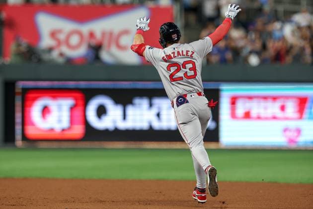 August 5, 2024: Boston Red Sox shortstop Romy Gonzalez (23) reacts to his seventh inning two run home run against the Kansas City Royals at Kauffman Stadium in Kansas City, MO. CSM Kansas City United States of America - ZUMAc04_ 20240805_zma_c04_313 Copyright: xDavidxSmithx