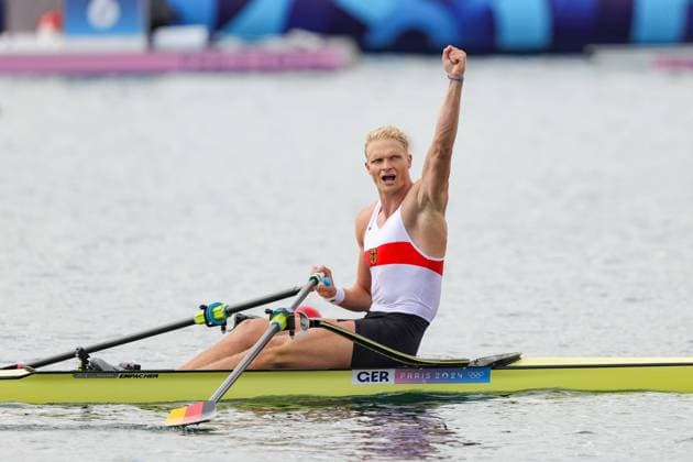 (240803) -- VAIRES-SUR-MARNE, Aug. 3, 2024 -- Oliver Zeidler of Germany celebrates after the men s single sculls final A of rowing at the Paris 2024 Olympic Games, Olympische Spiele, Olympia, OS in Vaires-sur-Marne, France, on Aug. 3, 2024. ) (PARIS2024) FRANCE-VAIRES-SUR-MARNE-OLY-ROWING ShenxBohan 