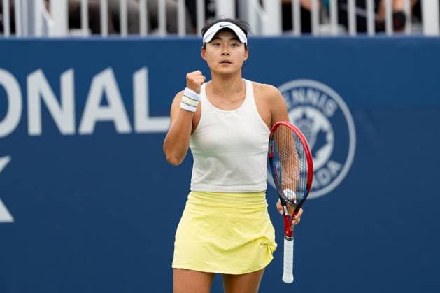 TORONTO, ON - AUGUST 06: Yafan Wang of China celebrates after winning a point during her first round game of the National Bank Open, part of the WTA, Tennis Damen Tour, at Sobeys Stadium on August 6, 2024 in Toronto, Canada. (Photo by Julian Avram Icon Sportswire) TENNIS: AUG 06 National Bank Open EDITORIAL USE ONLY Icon2408060038