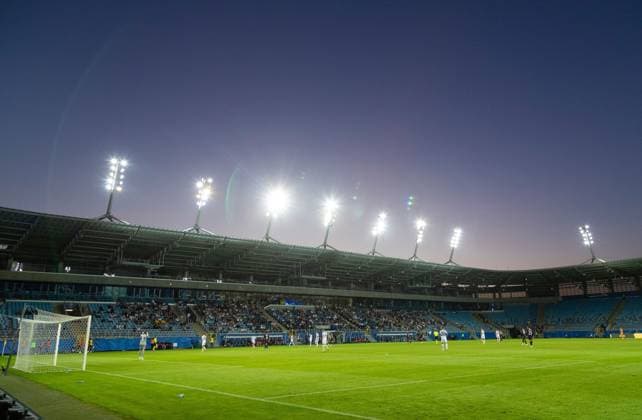 A general view of sunset over Arena Lublin during UEFA Champions League Third Round Qualifying match at Arena Lublin. Dynamo Kyiv v Rangers, UEFA Champions League 3rd Qualifying Round, Football, Arena Lublin, Lublin, Poland - 06 Aug 2024  Copyright: xLukexNickerson RangersxFC Shutterstockx 14623393ea