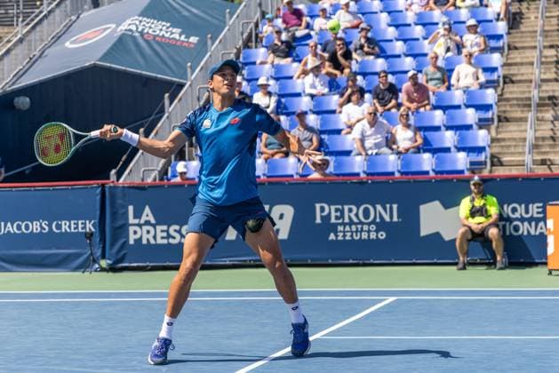 August 7, 2024, Montreal, Quebec, Canada: LUCIANO DARDERI from Italia returning ball in first set against Tomy Paul from USA in first round of Canadian Open at IGA Stadium in Montreal, Quebec, Canada Montreal Canada - ZUMAl189 20240807_zsp_l189_008 Copyright: xYannickxLegarex