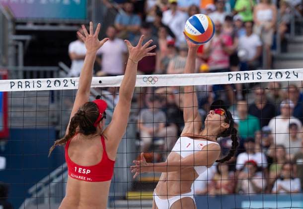 August 7, 2024, Paris, France: Canada s Melissa Humana-Paredes hits the ball past Spain s Daniela Alvarez Mendoza during Beach volleyball, Beachvolleyball quarterfinals at the Summer Olympics, Wednesday, August 7, 2024 in Paris. Canada defeated Spain 21-18, 21-18 to advance to the semifinal. Canada News - August 7, 2024  - ZUMAc35_ 20240807_zaf_c35_024 Copyright: xAdrianxWyldx