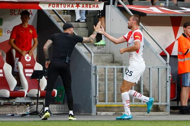 Slavia Prague v Union SG - UEFA Champions League PRAGUE, BELGIUM : Chory Tomas of SK Slavia Praha celebrates after scoring pictured during the UEFA Champions League Third qualifying round 1st leg match between Salvia Prague and Union SG on August 7, 2024 in Prague, Belgium, 07 08 2024 Prague Belgium  Copyright: xJanxDexMeuleneirx