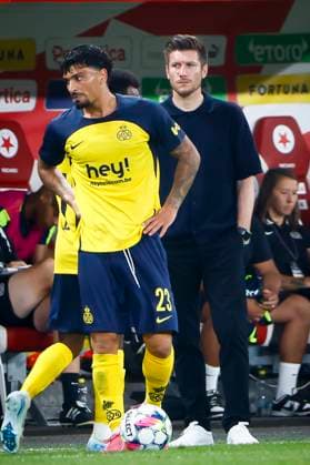 Slavia Prague v Union SG - UEFA Champions League PRAGUE, BELGIUM : Puertas Castro Cameron midfielder of Royale Union Saint-Gilloise and Pocognoli Sebastien head coach of Royale Union Saint-Gilloise pictured during the UEFA Champions League Third qualifying round 1st leg match between Salvia Prague and Union SG on August 7, 2024 in Prague, Belgium, 07 08 2024 Prague Belgium  Copyright: xJanxDexMeuleneirx