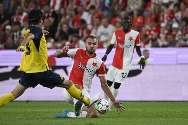 From left Koki Machida of Union, Ivan Schranz, El Hadji Malick Diouf, both of Slavia in action during the Football Champions League first leg of 3rd qualifying round match: Slavia Prague vs Union Saint-Gilloise (Belgium) in Prague, Czech Republic, August 7, 2024 (CTKxPhoto MichalxKamaryt) CTKPhotoP2024080711708  CTKPhotoP2024080711708