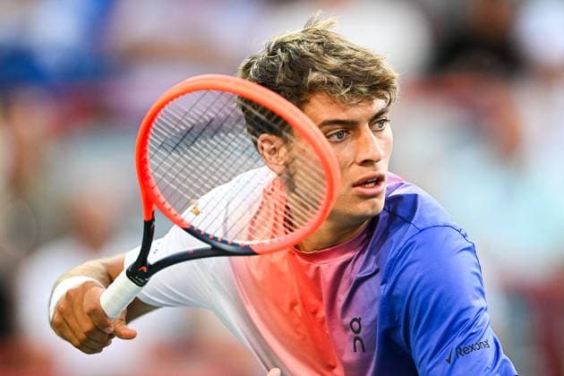 MONTREAL, QC - AUGUST 07: Look on Flavio Cobolli (ITA) during a first round match at ATP, Tennis Herren National Bank Open on August 07, 2024 at IGA Stadium in Montreal, QC (Photo by David Kirouac Icon Sportswire) TENNIS: AUG 07 National Bank Open EDITORIAL USE ONLY Icon240807085