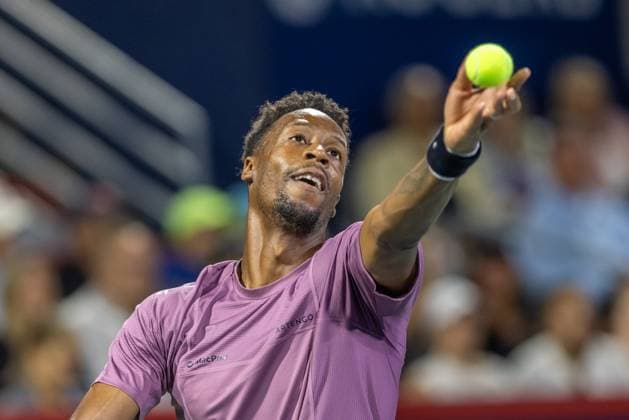 August 7, 2024, Montreal, Quebec, Canada: Close up of GAEL MONFILS from France serving in first set against Thanasi Kokkinaris from Australia in first round of Canadian Open at IGA Stadium in Montreal, Quebec, Canada Montreal Canada - ZUMAl189 20240807_zsp_l189_066 Copyright: xYannickxLegarex