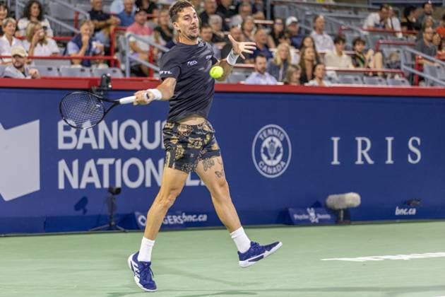August 7, 2024, Montreal, Quebec, Canada: THANASI KOKKINAKIS from Australia returning ball in first set against Gael Monfils from France in first round of Canadian Open at IGA Stadium in Montreal, Quebec, Canada Montreal Canada - ZUMAl189 20240807_zsp_l189_074 Copyright: xYannickxLegarex