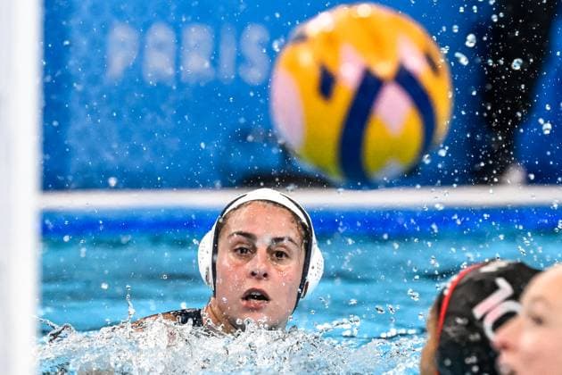 Domitilla Picozzi of Italy during the Water polo, Wasserball women match between team Italy (white caps) and team Canada (blue caps) of the Paris 2024 Olympic Games, Olympische Spiele, Olympia, OS at La Defense Arena in Paris (France), August 08, 2024. Giorgio Scala