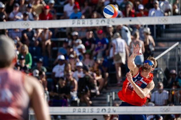 240808 Anders Mol of Norway in a men s Beach volleyball, Beachvolleyball semifinal match between Germany and Norway during day 13 of the Paris 2024 Olympics on August 8, 2024 in Paris. Photo: Jon Olav Nesvold BILDBYRAN COP 217 JE0103 beachvolleyboll beach volleyball sandvolleyball paris 2024 olympics day 13 germany - norway bbeng Copyright: JONxOLAVxNESVOLD BB240808JE049