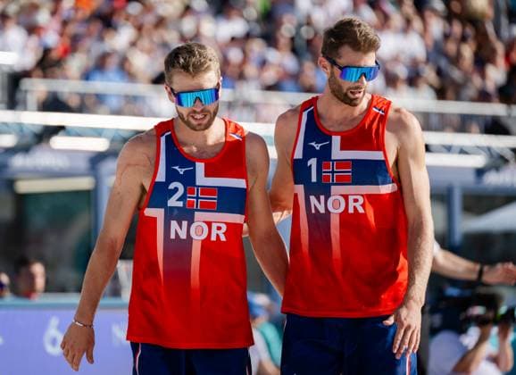 240808 Anders Mol and Christian Sorum of Norway in a men s Beach volleyball, Beachvolleyball semifinal match between Germany and Norway during day 13 of the Paris 2024 Olympics on August 8, 2024 in Paris. Photo: Jon Olav Nesvold BILDBYRAN COP 217 JE0103 beachvolleyboll beach volleyball sandvolleyball paris 2024 olympics day 13 germany - norway bbeng depp Copyright: JONxOLAVxNESVOLD BB240808JE052