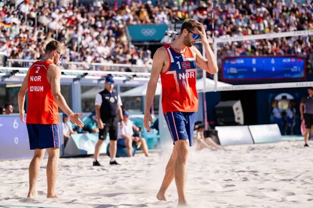 240808 Anders Mol and Christian Sorum of Norway in a men s Beach volleyball, Beachvolleyball semifinal match between Germany and Norway during day 13 of the Paris 2024 Olympics on August 8, 2024 in Paris. Photo: Jon Olav Nesvold BILDBYRAN COP 217 JE0103 beachvolleyboll beach volleyball sandvolleyball paris 2024 olympics day 13 germany - norway bbeng depp Copyright: JONxOLAVxNESVOLD BB240808JE051