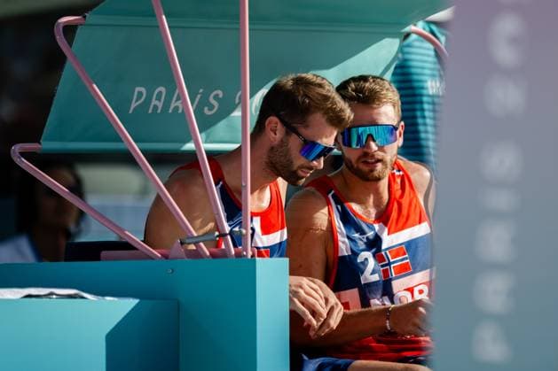 240808 Anders Mol and Christian Sorum of Norway in a men s Beach volleyball, Beachvolleyball semifinal match between Germany and Norway during day 13 of the Paris 2024 Olympics on August 8, 2024 in Paris. Photo: Jon Olav Nesvold BILDBYRAN COP 217 JE0103 beachvolleyboll, beach volleyball, sandvolleyball,paris 2024 oly Copyright: JONxOLAVxNESVOLD BB240808JE057