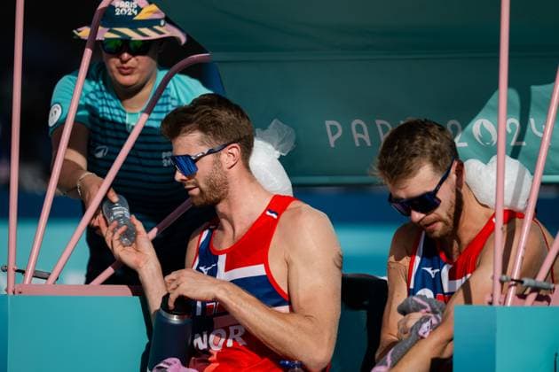 240808 Anders Mol and Christian Sorum of Norway in a men s Beach volleyball, Beachvolleyball semifinal match between Germany and Norway during day 13 of the Paris 2024 Olympics on August 8, 2024 in Paris. Photo: Jon Olav Nesvold BILDBYRAN COP 217 JE0103 beachvolleyboll beach volleyball sandvolleyball paris 2024 olympics day 13 germany - norway bbeng depp Copyright: JONxOLAVxNESVOLD BB240808JE059