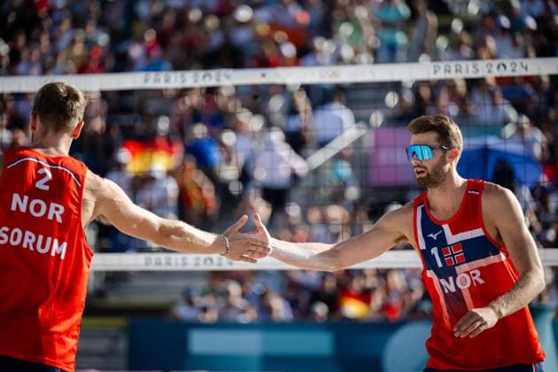 240808 Anders Mol and Christian Sorum of Norway in a men s Beach volleyball, Beachvolleyball semifinal match between Germany and Norway during day 13 of the Paris 2024 Olympics on August 8, 2024 in Paris. Photo: Jon Olav Nesvold BILDBYRAN COP 217 JE0103 beachvolleyboll beach volleyball sandvolleyball paris 2024 olympics day 13 germany - norway bbeng jubel Copyright: JONxOLAVxNESVOLD BB240808JE060