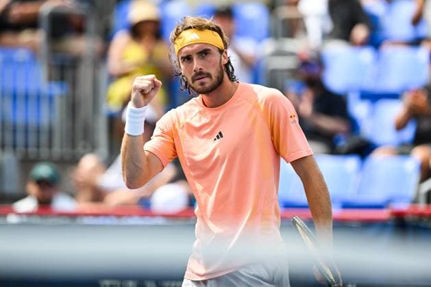 MONTREAL, QC - AUGUST 08: Stefanos Tsitsipas (GRE) reacts after scoring a point during a second round match at ATP, Tennis Herren National Bank Open on August 08, 2024 at IGA Stadium in Montreal, QC (Photo by David Kirouac Icon Sportswire) TENNIS: AUG 08 National Bank Open EDITORIAL USE ONLY Icon240808019