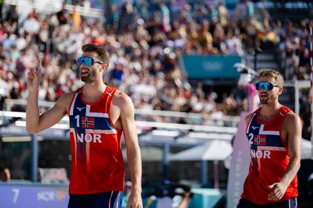 240808 Anders Mol and Christian Sorum of Norway in a men s Beach volleyball, Beachvolleyball semifinal match between Germany and Norway during day 13 of the Paris 2024 Olympics on August 8, 2024 in Paris. Photo: Jon Olav Nesvold BILDBYRAN COP 217 JE0103 beachvolleyboll beach volleyball sandvolleyball paris 2024 olympics day 13 germany - norway bbeng jubel Copyright: JONxOLAVxNESVOLD BB240808JE061