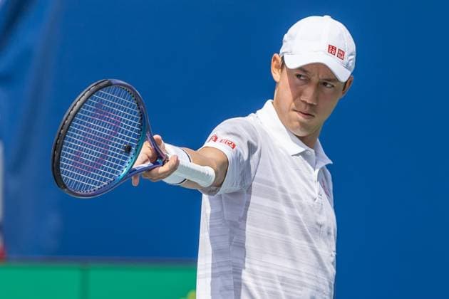 August 8, 2024, Montreal, Quebec, Canada: KEI NISHIKORI from Japan pointing racket in Stefanos Tsitsipas from Greece direction after he make the in first set in second round of Canadian Open at IGA Stadium in Montreal, Quebec, Canada Montreal Canada - ZUMAl189 20240808_zsp_l189_006 Copyright: xYannickxLegarex