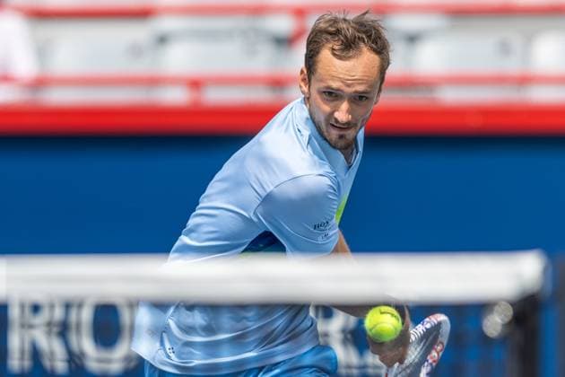 August 8, 2024, Montreal, Quebec, Canada: DANIIL MEDVEDEV returning ball against Alejandro Davidovich Fokina from Spain in second round of Canadian Open at IGA Stadium in Montreal, Quebec, Canada Montreal Canada - ZUMAl189 20240808_zsp_l189_018 Copyright: xYannickxLegarex