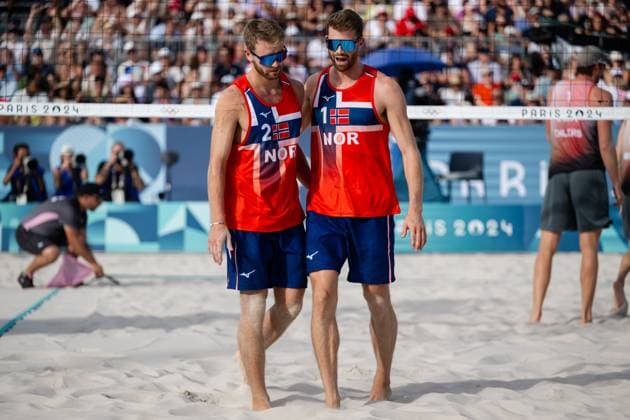 240808 Anders Mol and Christian Sorum of Norway in a men s Beach volleyball, Beachvolleyball semifinal match between Germany and Norway during day 13 of the Paris 2024 Olympics on August 8, 2024 in Paris. Photo: Jon Olav Nesvold BILDBYRAN COP 217 JE0103 beachvolleyboll beach volleyball sandvolleyball paris 2024 olympics day 13 germany - norway bbeng depp Copyright: JONxOLAVxNESVOLD BB240808JE075