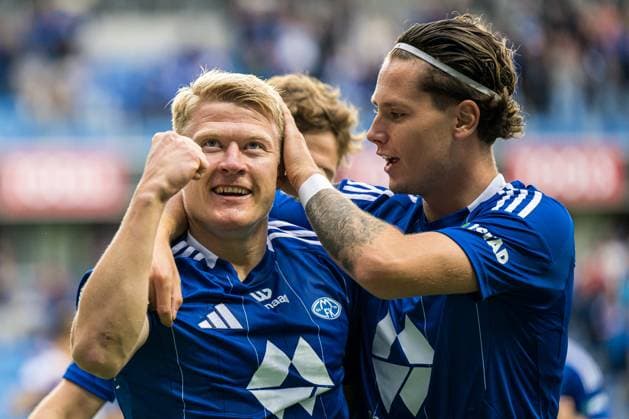 240808 Kristian Eriksen of Molde celebrates after scoring the 1-0 goal during the UEFA Europa League qualification match between Molde and Cercle Brugge on August 8, 2024 in Molde. Photo: Marius Simensen BILDBYRAN COP 238 bbeng cercle brugge football fotball fotboll grappa33 jubel molde uefa europa league Copyright: MARIUSxSIMENSEN BB240808ZB140