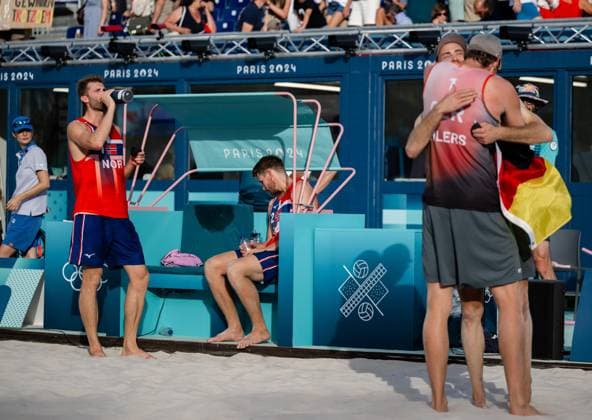 240808 Anders Mol and Christian Sorum of Norway look dejected after a men s Beach volleyball, Beachvolleyball semifinal match between Germany and Norway during day 13 of the Paris 2024 Olympics on August 8, 2024 in Paris. Photo: Jon Olav Nesvold BILDBYRAN COP 217 JE0103 beachvolleyboll beach volleyball sandvolleyball paris 2024 olympics day 13 germany - norway bbeng depp Copyright: JONxOLAVxNESVOLD BB240808JE077