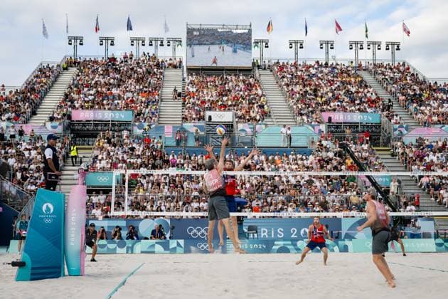 240808 Anders Mol and Christian Sorum of Norway in a men s Beach volleyball, Beachvolleyball semifinal match between Germany and Norway during day 13 of the Paris 2024 Olympics on August 8, 2024 in Paris. Photo: Jon Olav Nesvold BILDBYRAN COP 217 JE0103 beachvolleyboll, beach volleyball, sandvolleyball,paris 2024 oly Copyright: JONxOLAVxNESVOLD BB240808JE089