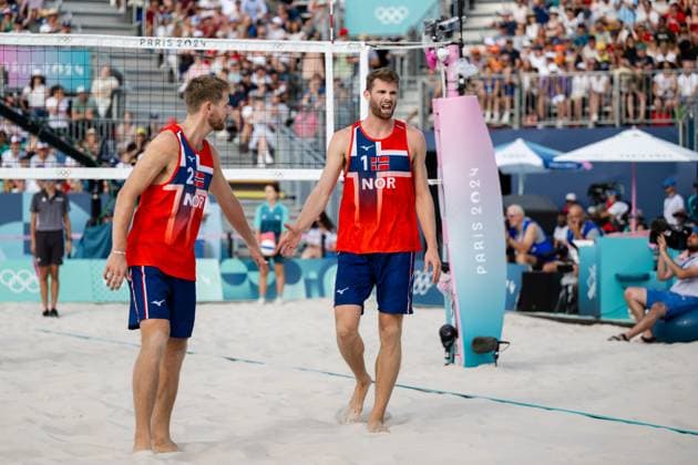 240808 Anders Mol and Christian Sorum of Norway in a men s Beach volleyball, Beachvolleyball semifinal match between Germany and Norway during day 13 of the Paris 2024 Olympics on August 8, 2024 in Paris. Photo: Jon Olav Nesvold BILDBYRAN COP 217 JE0103 beachvolleyboll beach volleyball sandvolleyball paris 2024 olympics day 13 germany - norway bbeng depp Copyright: JONxOLAVxNESVOLD BB240808JE092