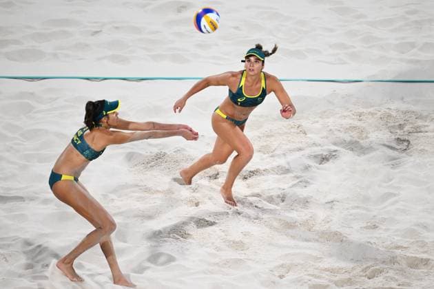 OLY24 Beach volleyball, Beachvolleyball Australian beach volleyball player Mariafe Artacho del Solar and Australian beach volleyball player Taliqua Clancy in action during the Women s Semifinal 51 beach volleyball match between Australia and Brazil at Eiffel Tower Stadium in Paris, as part of the 2024 Paris Olympic Games, Olympische Spiele, Olympia, OS France, Thursday, August 08, 2024. ( NO ARCHIVING, EDITORIAL USE ONLY, NO USE IN BOOKS WITHOUT CONSENT PARIS FRANCE Copyright: xJOELxCARRETTx 20240809192252760840