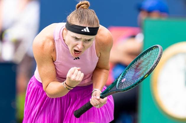TORONTO, ON - AUGUST 08: Elina Svitolina of Ukraine celebrates after winning a point during her second round match of the National Bank Open, part of the WTA, Tennis Damen Tour, at Sobeys Stadium on August 8, 2024 in Toronto, Canada. (Photo by Julian Avram Icon Sportswire) TENNIS: AUG 08 National Bank Open EDITORIAL USE ONLY Icon2408080032