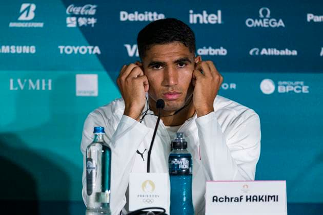 Achraf Hakimi of Morocco talks during the press conference, PK, Pressekonferenz after the Men s Bronze Medal match between Egypt and Morocco during the Olympic Games, Olympische Spiele, Olympia, OS Paris 2024 at Stade de la Beaujoire on August 8, 2024 in Nantes, France. (Photo by JustPictures) Nantes Stade de la Beaujoire France