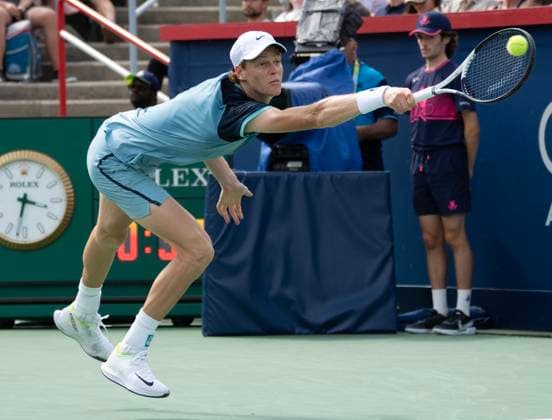 August 8, 2024, Montreal, Pq, Canada: Italy s Jannik Sinner lunges for a shot from Croatia s Borja Coric during their second round match at the National Bank Open tennis Thursday, August 8, 2024 in Montreal. Sinner won the match in straight sets. Jannik Sinner,  - ZUMAc35_ 20240808_zaf_c35_146 Copyright: xRyanxRemiorzx