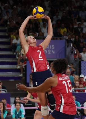 Team USA (red jersey) plays against Team Brazil (yellow jersey) during the Women s Volleyball semi-final of the 2024 Summer Olympics at the South Arena, in Paris, France, on Thursday, August 8, 2024. Team USA qualified for the final.  OLY20240808601 MAYAxVIDON-WHITE