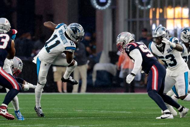FOXBOROUGH, MA - AUGUST 08: Carolina Panthers wide receiver Ihmir Smith-Marsette (11) runs into trouble during a preseason game between the New England Patriots and the Carolina Panthers on August 8, 2024, at Gillette Stadium in Foxborough, Massachusetts. (Photo by Fred Kfoury III Icon Sportswire) NFL, American Football Herren, USA AUG 08 Preseason Panthers at Patriots EDITORIAL USE ONLY Icon482240808001