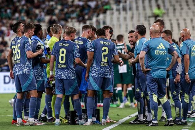 2024-08-08 Panathinaikos FC v AFC Ajax - Europa League Qualifier Third Round - 1st leg ATHENS, NETHERLANDS - AUGUST 8: players of AFC Ajax during a drinking pause during the Europa League Qualifier Third Round - 1st leg match between Panathinaikos FC and AFC Ajax at Olympic Stadium Spyridon Louis on August 8, 2024 in Athens, Netherlands. Athens Olympic Stadium Spyridon Louis Netherlands Content not available for redistribution in The Netherlands directly or indirectly through any third parties. Copyright: xx
