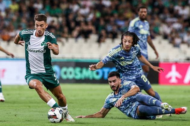 2024-08-08 Panathinaikos FC v AFC Ajax - Europa League Qualifier Third Round - 1st leg ATHENS, NETHERLANDS - AUGUST 8: Filip Duricic of Panathinaikos FC dribbles during the Europa League Qualifier Third Round - 1st leg match between Panathinaikos FC and AFC Ajax at Olympic Stadium Spyridon Louis on August 8, 2024 in Athens, Netherlands. Athens Olympic Stadium Spyridon Louis Netherlands Content not available for redistribution in The Netherlands directly or indirectly through any third parties. Copyright: xx