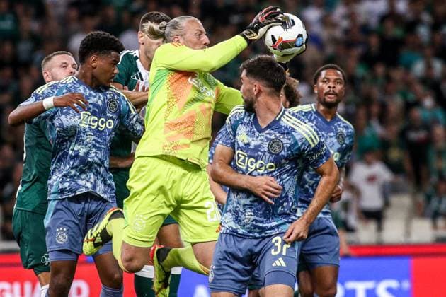 2024-08-08 Panathinaikos FC v AFC Ajax - Europa League Qualifier Third Round - 1st leg ATHENS, NETHERLANDS - AUGUST 8: goalkeeper Remko Pasveer of AFC Ajax makes a save during the Europa League Qualifier Third Round - 1st leg match between Panathinaikos FC and AFC Ajax at Olympic Stadium Spyridon Louis on August 8, 2024 in Athens, Netherlands. Athens Olympic Stadium Spyridon Louis Netherlands Content not available for redistribution in The Netherlands directly or indirectly through any third parties. Copyright: xx