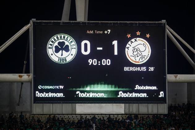 2024-08-08 Panathinaikos FC v AFC Ajax - Europa League Qualifier Third Round - 1st leg ATHENS, NETHERLANDS - AUGUST 8: scoreboard showing the 0-1 score in favor of AFC Ajax at the 90th minute during the Europa League Qualifier Third Round - 1st leg match between Panathinaikos FC and AFC Ajax at Olympic Stadium Spyridon Louis on August 8, 2024 in Athens, Netherlands. Athens Olympic Stadium Spyridon Louis Netherlands Content not available for redistribution in The Netherlands directly or indirectly through any third parties. Copyright: xx