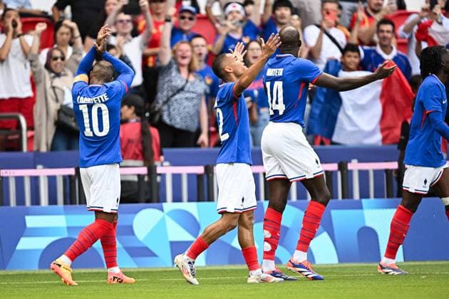 Paris 2024 - Men s Final Football - France v Spain France forward Alexandre Lacazette (10), France midfielder Enzo Millot (12) and France forward Jean-Philppe Mateta (14) during the Men s Gold Medal match between France and Spain during the Olympic Games, Olympische Spiele, Olympia, OS Paris 2024 at Parc des Princes on August 9, 2024 in Paris, France. Photo by David Niviere ABACAPRESS.COM Paris France  Copyright: xDavidxNiviere ABACAx