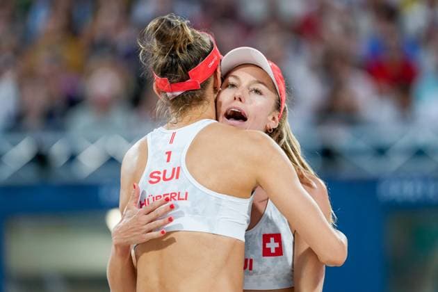 PARIS, FRANCE - AUGUST 9: Tanja Hueberli of Switzerland and Nina Brunner of Switzerland celebrate during the Women s Bronze Medal Match between Australia and Switzerland on day fourteen of the Olympic Games, Olympische Spiele, Olympia, OS Paris 2024 at Stade Eiffel Champ-de-Mars on August 9, 2024 in Paris, France. Paris France Copyright: xJustPictures.ch DanielaxPorcellix jp-en-EuSpIm-20240809-_DP10319-2