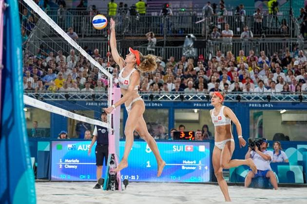 PARIS, FRANCE - AUGUST 9: Nina Brunner of Switzerland jumps up during the Women s Bronze Medal Match between Australia and Switzerland on day fourteen of the Olympic Games, Olympische Spiele, Olympia, OS Paris 2024 at Stade Eiffel Champ-de-Mars on August 9, 2024 in Paris, France. Paris France Copyright: xJustPictures.ch DanielaxPorcellix jp-en-EuSpIm-20240809-_DP21946