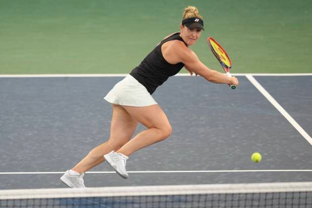 August 9, 2024, Toronto, On, CAN: Gabriela Dabrowski of Canada hits a return as she, and doubles partner Erin Routliffe from Australia play against Magda Linette of Poland and Peyton Stearns of the United States at the National Bank Open in Toronto on Friday, August 9, 2024. Gabriela Dabrowski  - ZUMAc35_ 20240809_zaf_c35_194 Copyright: xChrisxYoungx