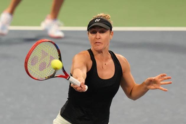 August 9, 2024, Toronto, On, CAN: Gabriela Dabrowski of Canada hits a return as she, and doubles partner Erin Routliffe from Australia play against Magda Linette of Poland and Peyton Stearns of the United States at the National Bank Open in Toronto on Friday, August 9, 2024. Gabriela Dabrowski  - ZUMAc35_ 20240809_zaf_c35_199 Copyright: xChrisxYoungx