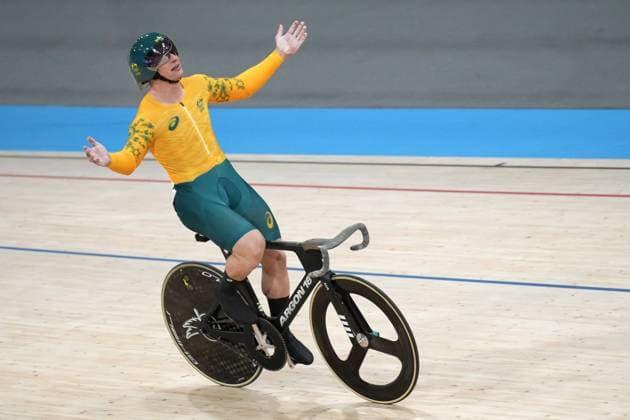 (240809) -- PARIS, Aug. 9, 2024 -- Matthew Richardson of Australia celebrates after the men s sprint semifinals race 2 of cycling track at the Paris 2024 Olympic Games, Olympische Spiele, Olympia, OS in Paris, France, Aug. 9, 2024. ) (PARIS2024) FRANCE-PARIS-OLY-CYCLING TRACK LixYibo 