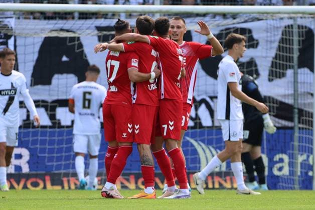 10.08.2024, Fussball, Herren, 2. Bundesliga, Saison 2024 2025, SV 07 Elversberg - 1. FC Köln, Torjubel zum 0:1, Torschütze: Denis Huseinbasic (1. FC Koeln) Elversberg Ursapharm-Arena an der Kaiserlinde Saarland Deutschland (DE)