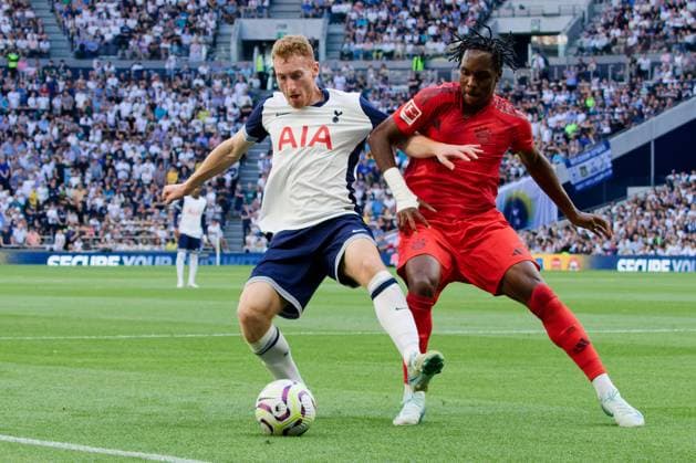 London, England, August 10 2024: Dejan Kulusevski (21 Tottenham Hotspur) Mathys Tel (39 FC Bayern Munich) in action during the Friendly game between Tottenham Hotspur and FC Bayern Munich at Tottenham Hotspur Stadium in London, England. (Pedro Porru SPP) Copyright: xPedroxPorru SPPx spp-en-PePo-4F8A4941