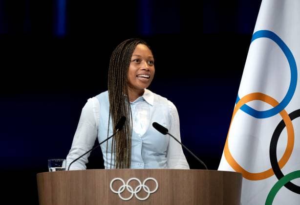 (240810) -- PARIS, Aug. 10, 2024 -- U.S. track icon Allyson Felix, a new IOC Athletes Commission member, speaks during the 142nd IOC session at the Paris 2024 Olympic Games, Olympische Spiele, Olympia, OS in Paris, France, Aug. 10, 2024. ) (PARIS2024) FRANCE-PARIS-OLY-IOC-SESSION WuxHuiwo 